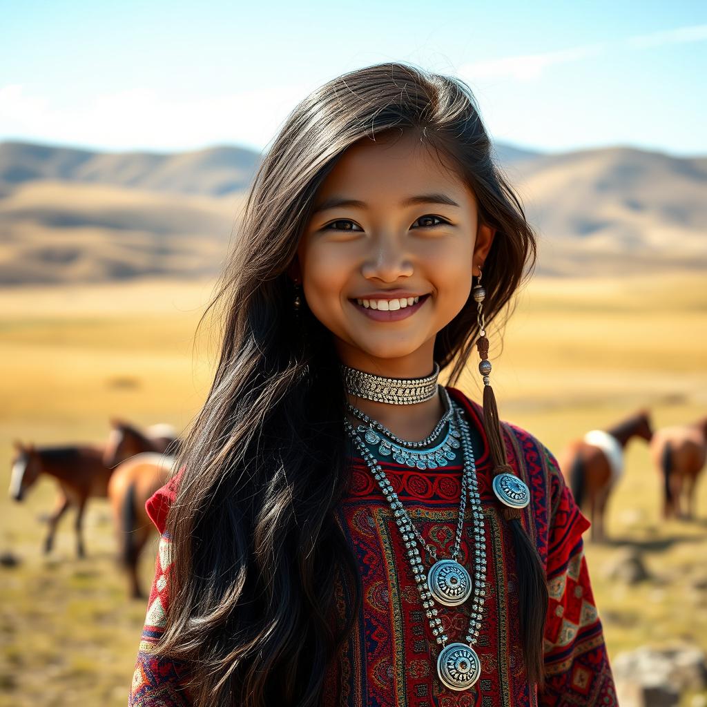 A beautiful Mongolian girl in traditional attire, standing proudly against a backdrop of the vast steppes with rolling hills