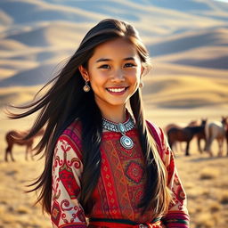 A beautiful Mongolian girl in traditional attire, standing proudly against a backdrop of the vast steppes with rolling hills