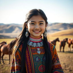A beautiful Mongolian girl in traditional attire, standing proudly against a backdrop of the vast steppes with rolling hills