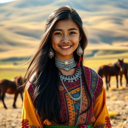 A beautiful Mongolian girl in traditional attire, standing proudly against a backdrop of the vast steppes with rolling hills