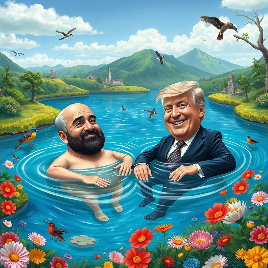 A surreal artistic illustration featuring the Presidents of Iran and the United States in a playful, imaginative setting, swimming together in a picturesque landscape