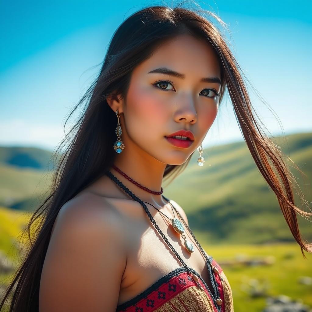 A beautiful Mongolian girl with long black hair and striking features, standing in a serene natural landscape