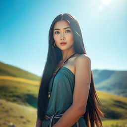 A beautiful Mongolian girl with long black hair and striking features, standing in a serene natural landscape