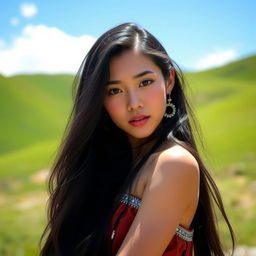 A beautiful Mongolian girl with long black hair and striking features, standing in a serene natural landscape