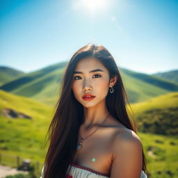 A beautiful Mongolian girl with long black hair and striking features, standing in a serene natural landscape