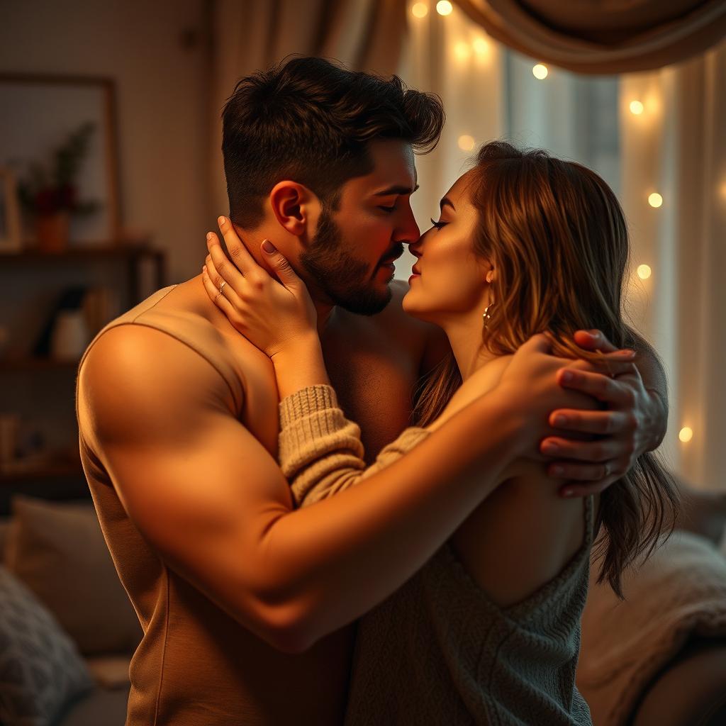 A romantic sexual relationship scene featuring two adults in an intimate embrace, surrounded by soft, ambient lighting that creates a warm and inviting atmosphere
