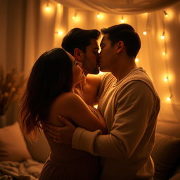 A romantic sexual relationship scene featuring two adults in an intimate embrace, surrounded by soft, ambient lighting that creates a warm and inviting atmosphere