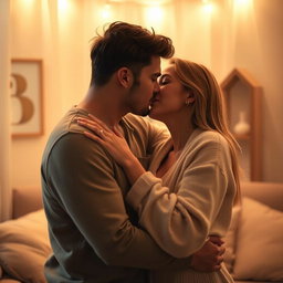 A romantic sexual relationship scene featuring two adults in an intimate embrace, surrounded by soft, ambient lighting that creates a warm and inviting atmosphere