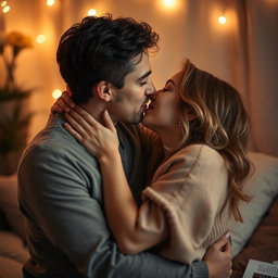 A romantic sexual relationship scene featuring two adults in an intimate embrace, surrounded by soft, ambient lighting that creates a warm and inviting atmosphere