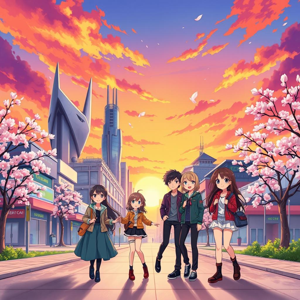 A vibrant anime-style illustration of a cityscape at sunset, with colorful skies blending shades of orange and purple