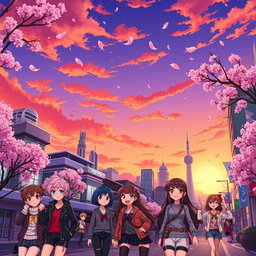 A vibrant anime-style illustration of a cityscape at sunset, with colorful skies blending shades of orange and purple