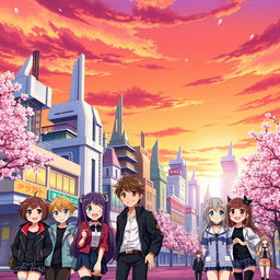 A vibrant anime-style illustration of a cityscape at sunset, with colorful skies blending shades of orange and purple