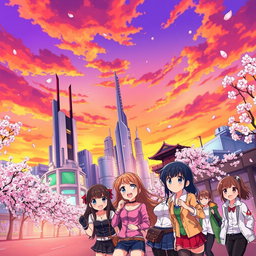 A vibrant anime-style illustration of a cityscape at sunset, with colorful skies blending shades of orange and purple