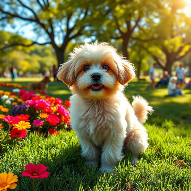 A cute, fluffy dog sitting in a sunny park setting, surrounded by colorful flowers and green grass