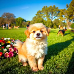 A cute, fluffy dog sitting in a sunny park setting, surrounded by colorful flowers and green grass