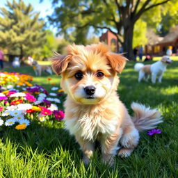 A cute, fluffy dog sitting in a sunny park setting, surrounded by colorful flowers and green grass