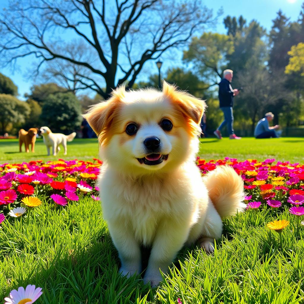 A cute, fluffy dog sitting in a sunny park setting, surrounded by colorful flowers and green grass