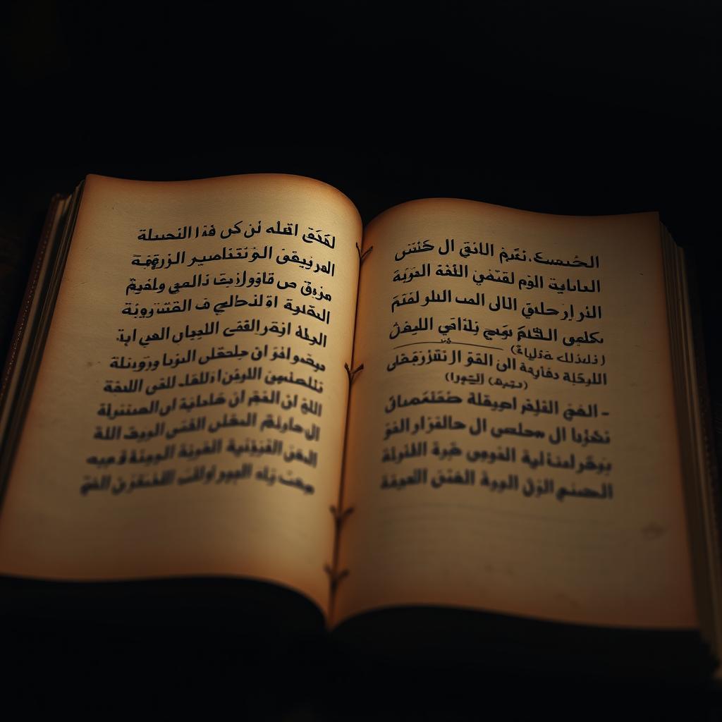 An artistic representation of an old book opened to a page filled with Arabic handwritten text in elegant calligraphy