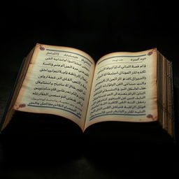 An artistic representation of an old book opened to a page filled with Arabic handwritten text in elegant calligraphy