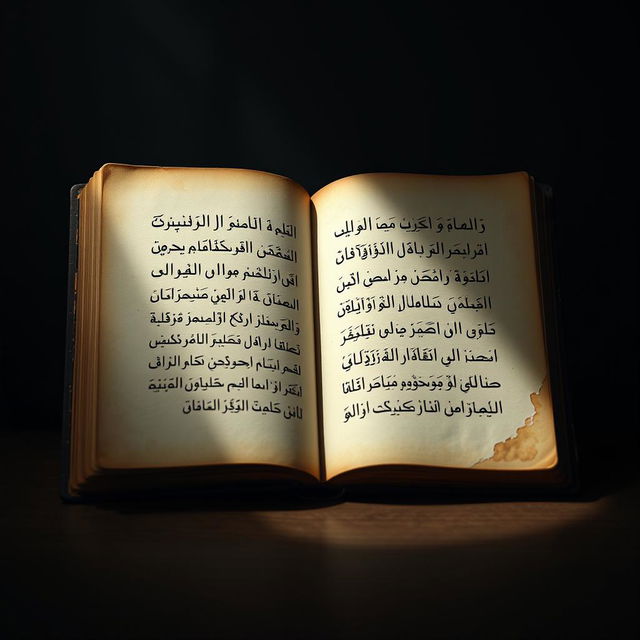 An artistic representation of an old book opened to a page filled with Arabic handwritten text in elegant calligraphy