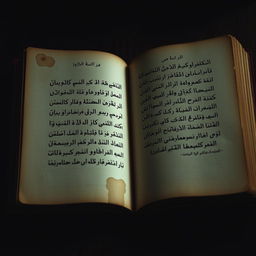 An artistic representation of an old book opened to a page filled with Arabic handwritten text in elegant calligraphy