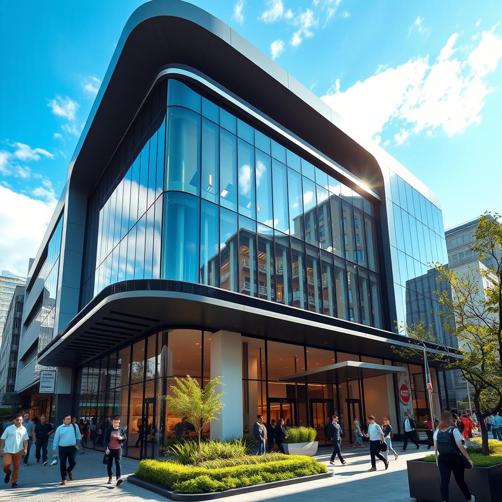 A stunning architectural photograph of a modern building with sleek lines and a glass facade reflecting the sky, surrounded by vibrant city life