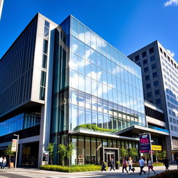 A stunning architectural photograph of a modern building with sleek lines and a glass facade reflecting the sky, surrounded by vibrant city life