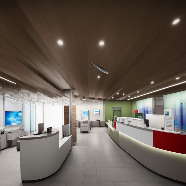 Interior view of a modern bank, highlighting the spacious and sleek design that occupies an area of 400m2