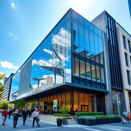 A stunning architectural photograph of a modern building with sleek lines and a glass facade reflecting the sky, surrounded by vibrant city life
