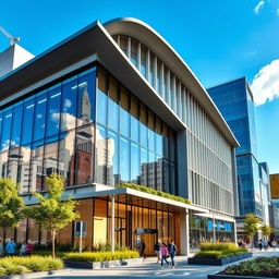 A stunning architectural photograph of a modern building with sleek lines and a glass facade reflecting the sky, surrounded by vibrant city life