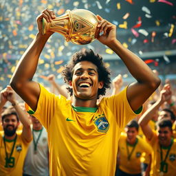 A triumphant scene of Ronaldinho holding the World Cup trophy high above his head, full of joy and pride