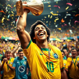 A triumphant scene of Ronaldinho holding the World Cup trophy high above his head, full of joy and pride