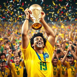 A triumphant scene of Ronaldinho holding the World Cup trophy high above his head, full of joy and pride