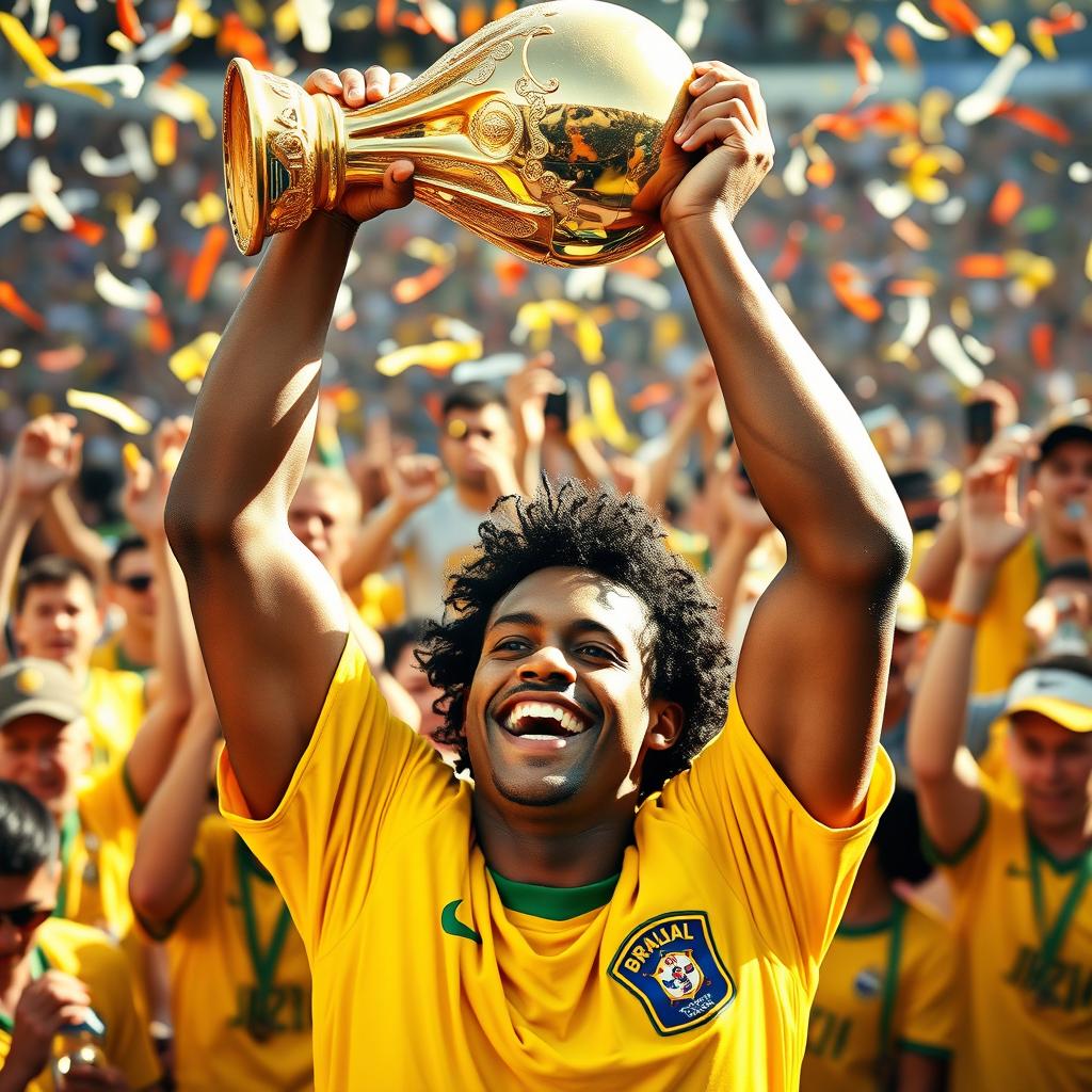 A triumphant scene of Ronaldinho holding the World Cup trophy high above his head, full of joy and pride