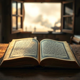 An old, open book with yellowed pages featuring ornate Arabic script