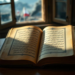 An old, open book with yellowed pages featuring ornate Arabic script