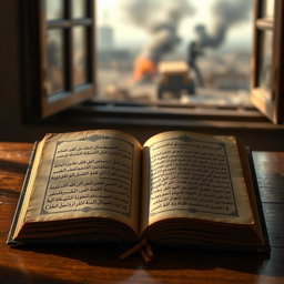 An old, open book with yellowed pages featuring ornate Arabic script