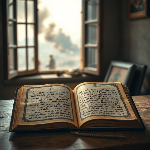 An old, open book with yellowed pages featuring ornate Arabic script