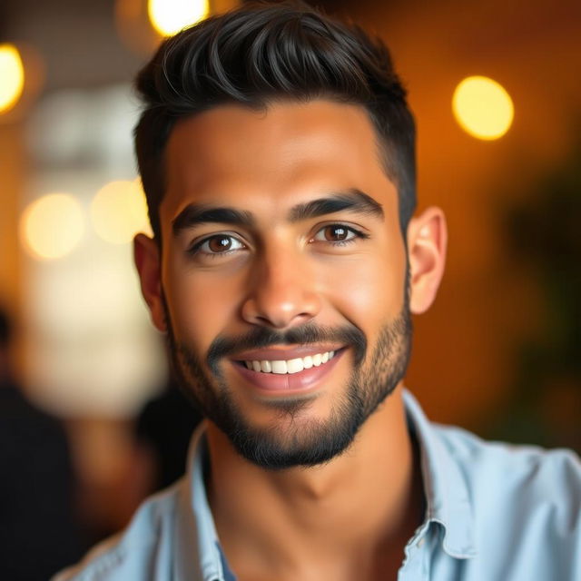 A portrait of a 25-year-old male with short black hair, deep brown eyes, and a well-groomed black beard