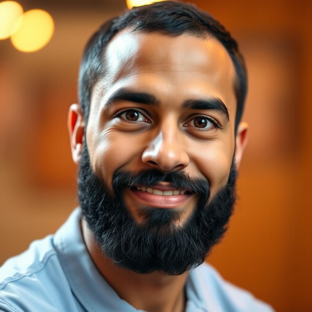 A portrait of a 25-year-old male with short black hair, deep brown eyes, and a well-groomed black beard
