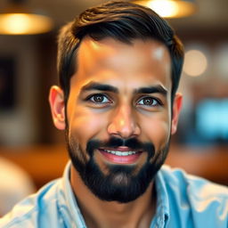 A portrait of a 25-year-old male with short black hair, deep brown eyes, and a well-groomed black beard