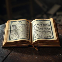 An old, open book with aged, yellowed pages displaying beautiful Arabic calligraphy