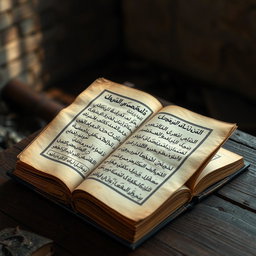An old, open book with aged, yellowed pages displaying beautiful Arabic calligraphy