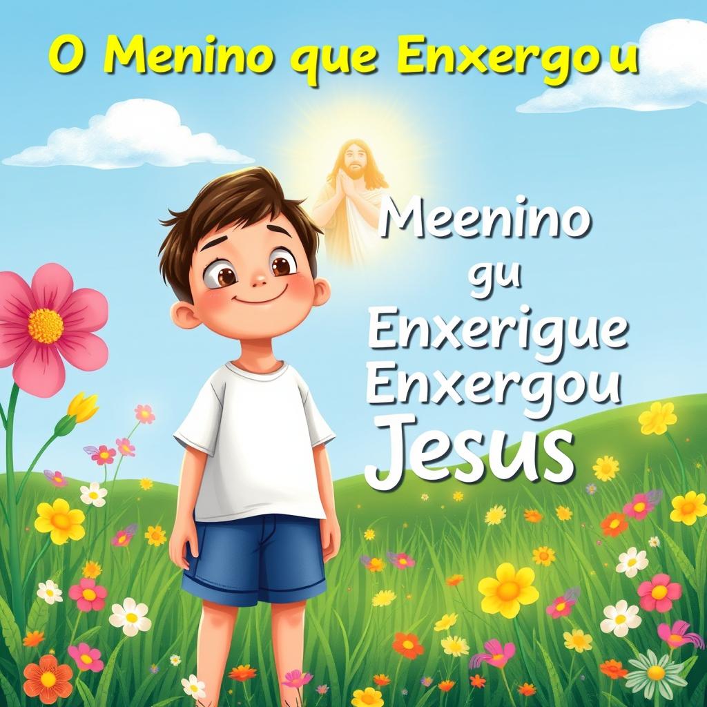 A whimsical and heartwarming illustration for a children's book cover titled "O Menino que Enxergou Jesus"