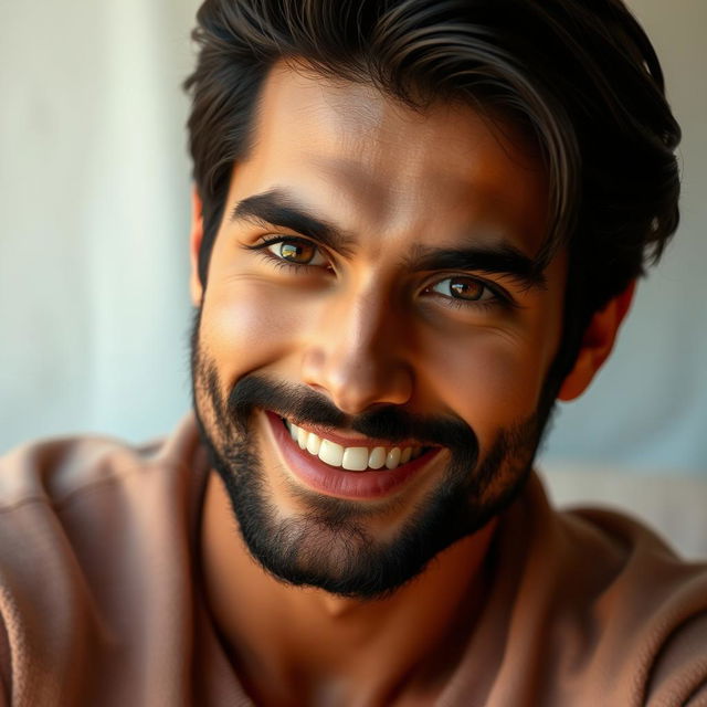 A handsome 25-year-old man with black hair, a well-groomed black beard, and warm brown eyes