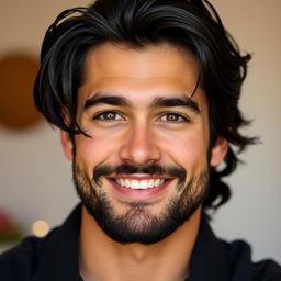 A handsome 25-year-old man with black hair, a well-groomed black beard, and warm brown eyes