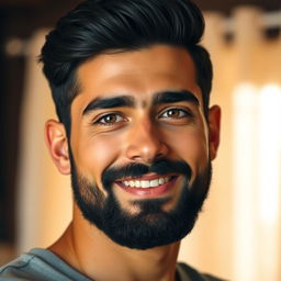 A handsome 25-year-old man with black hair, a well-groomed black beard, and warm brown eyes