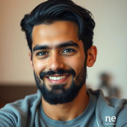 A handsome 25-year-old man with black hair, a well-groomed black beard, and warm brown eyes