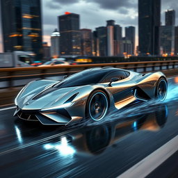 A sleek, futuristic sports car with a streamlined design, featuring a metallic silver body and blue neon highlights