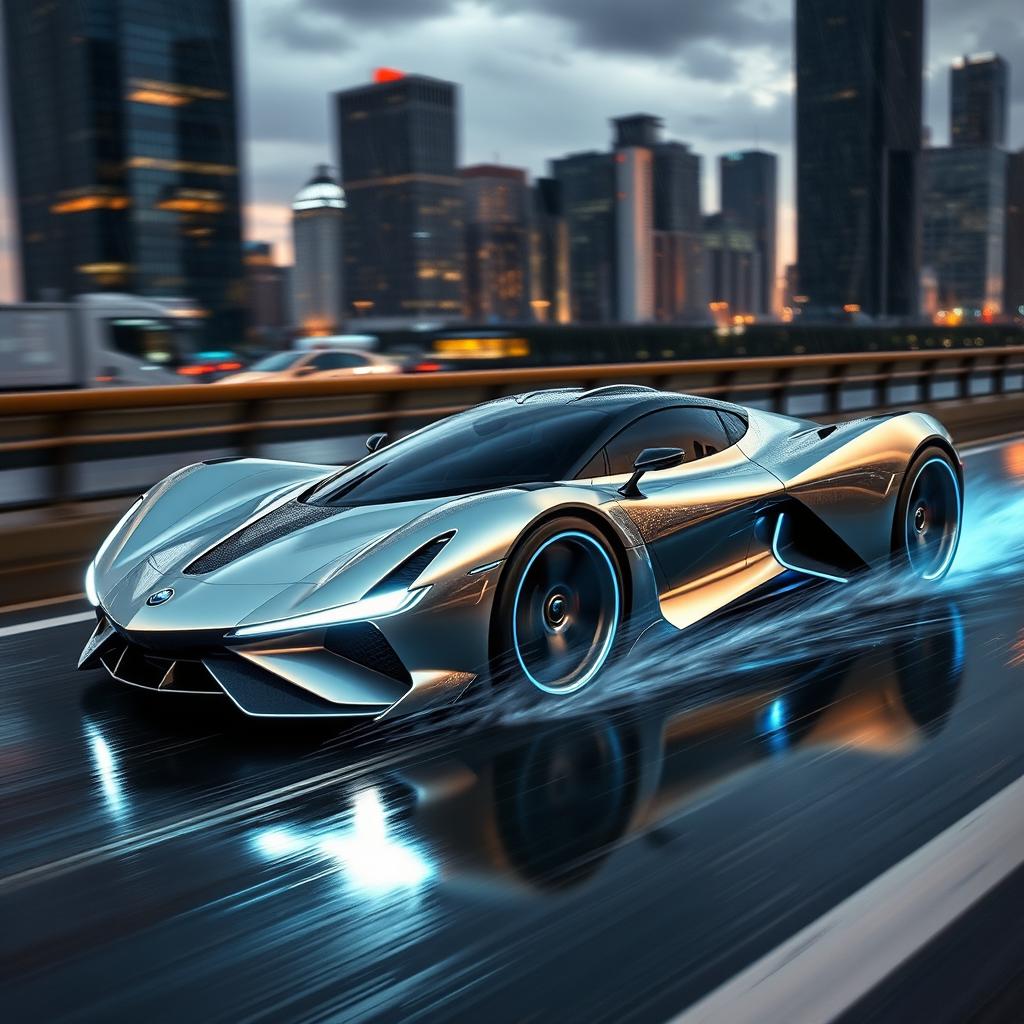 A sleek, futuristic sports car with a streamlined design, featuring a metallic silver body and blue neon highlights